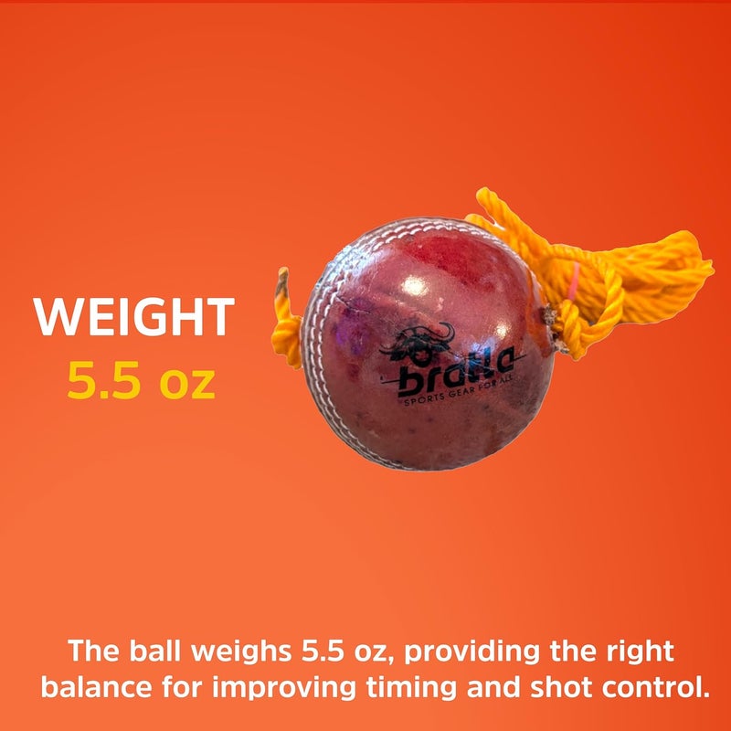 Bratla Hanging Cricket Ball with 10-Foot Cord | Leather Ball for Batting Practice & Hand-Eye Coordination | 5.5 oz Red Cricket Ball - Image 5